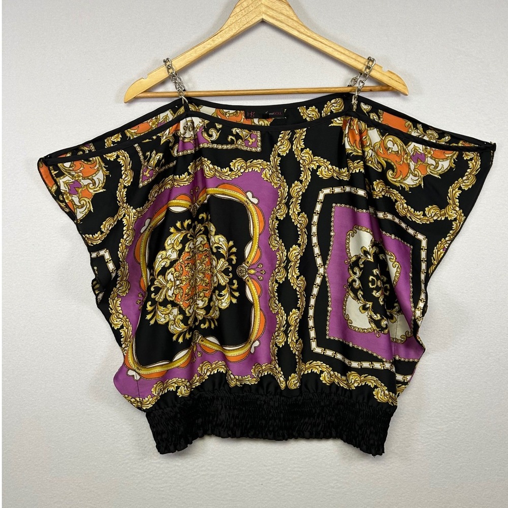 Baroque Maximalist HeartSoul Women Large Black Purple Gold Chain Scarf Print Top